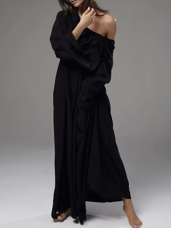 Pleated Solid Color Split-Joint Flared Sleeves Loose Round-Neck Maxi Dresses
