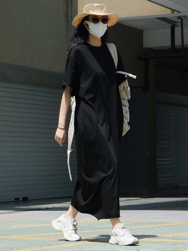 Casual Short Sleeves Solid Color Round-Neck Maxi Dress