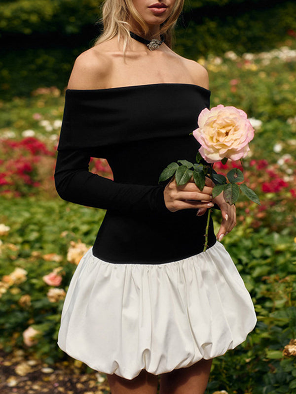Contrast Color Pleated Split-Joint High Waisted Long Sleeves Off-The-Shoulder Mini Dresses