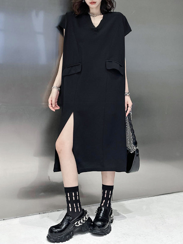 Asymmetric Solid Color Split-Joint Split-Side Loose Short Sleeves V-Neck Midi Dresses