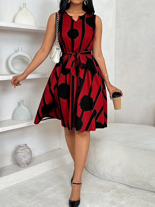 Contrast Color Tied Waist A-Line Loose Round-Neck Mini Dresses