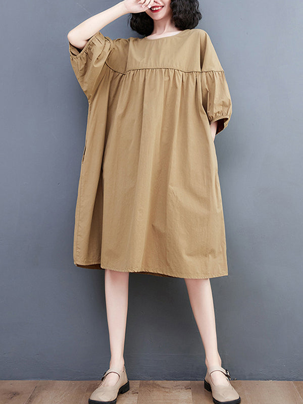 Solid Color Loose Short Sleeves Round-neck Midi Dresses