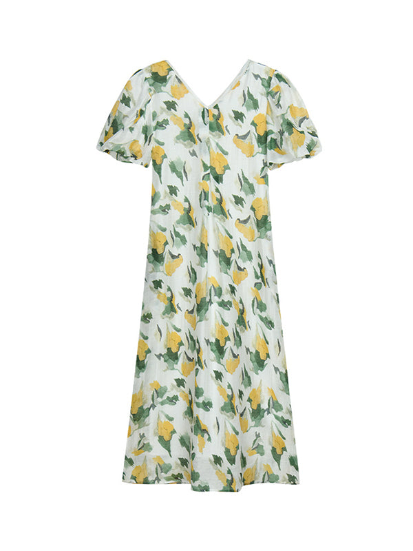 Pleated Printed Loose Puff Sleeves V-Neck Midi Dresses