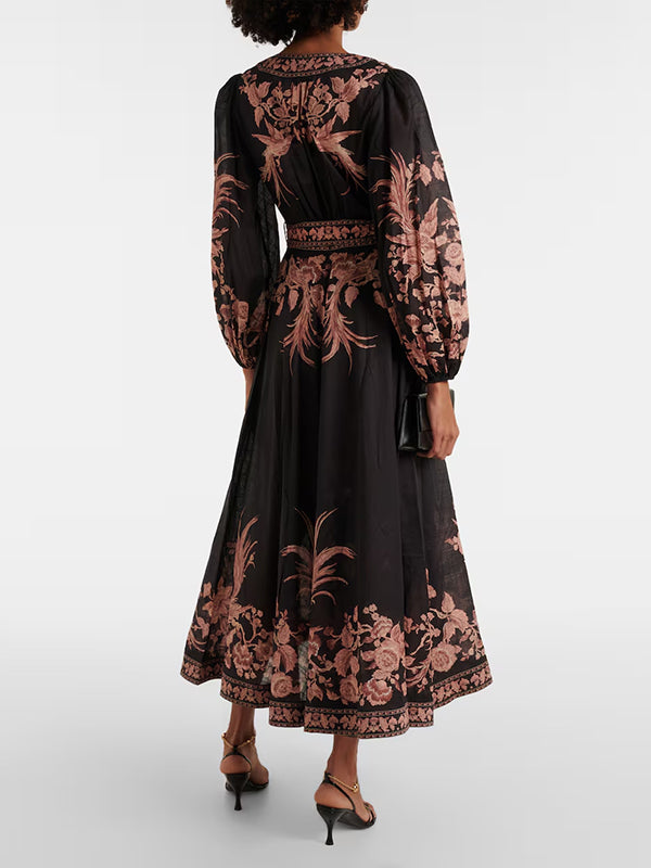 Flower Print Patchwork Bandage V-Neck Maxi Dresses