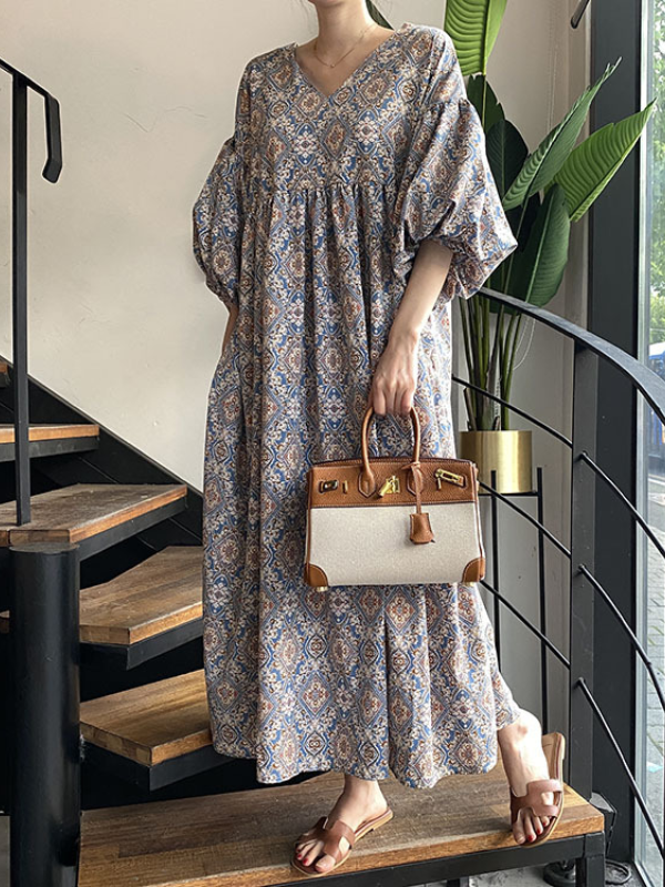 Vintage Floral Printed V-Neck Pleated Puff Sleeves Midi Dress