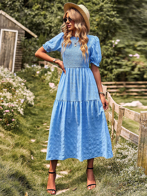 Bohemia Loose High Waisted Solid Color Round-Neck Maxi Dresses