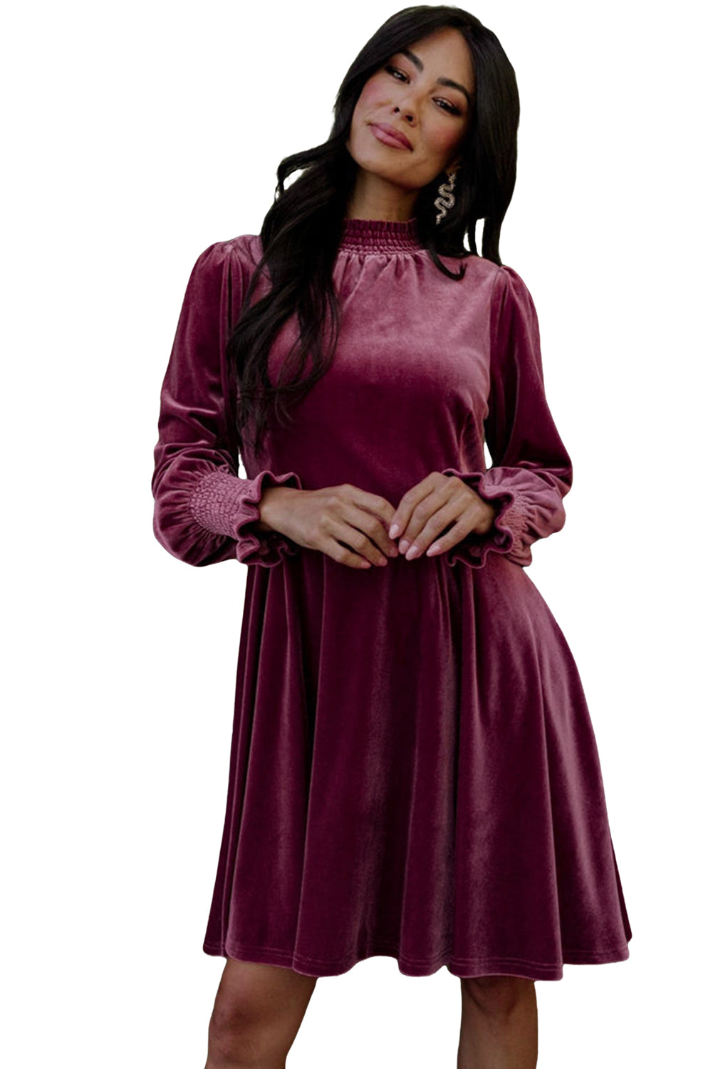 Burgundy Long Sleeve Dress Smocked High Neck Flounce Sleeve Velvet Dre