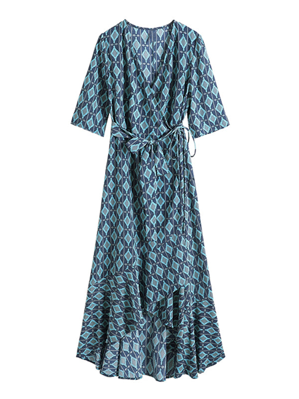 Vacation A-Line Half Sleeves Lace-Up Plaid V-Neck Maxi Dress