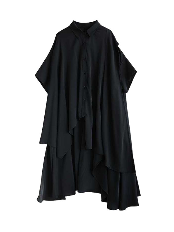 Asymmetric Buttoned Pockets Solid Color A-Line Half Sleeves Lapel Shirt Dress Midi Dresses