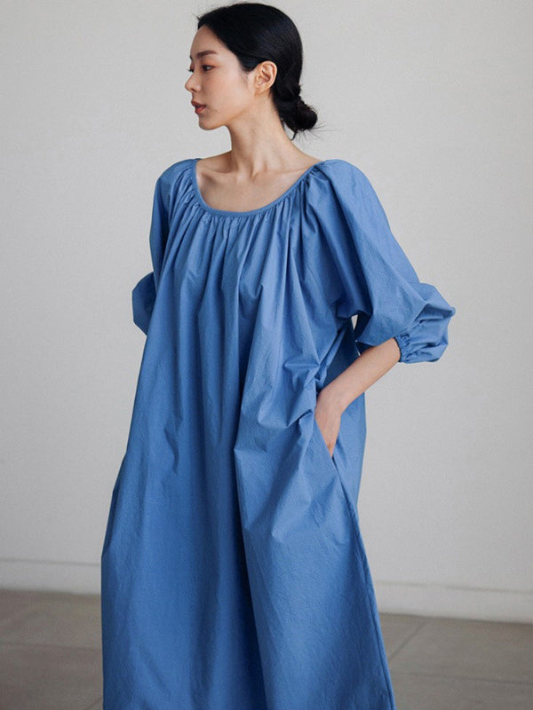 Original Casual Loose Solid Color Pleated Puff Sleeves Midi Dress