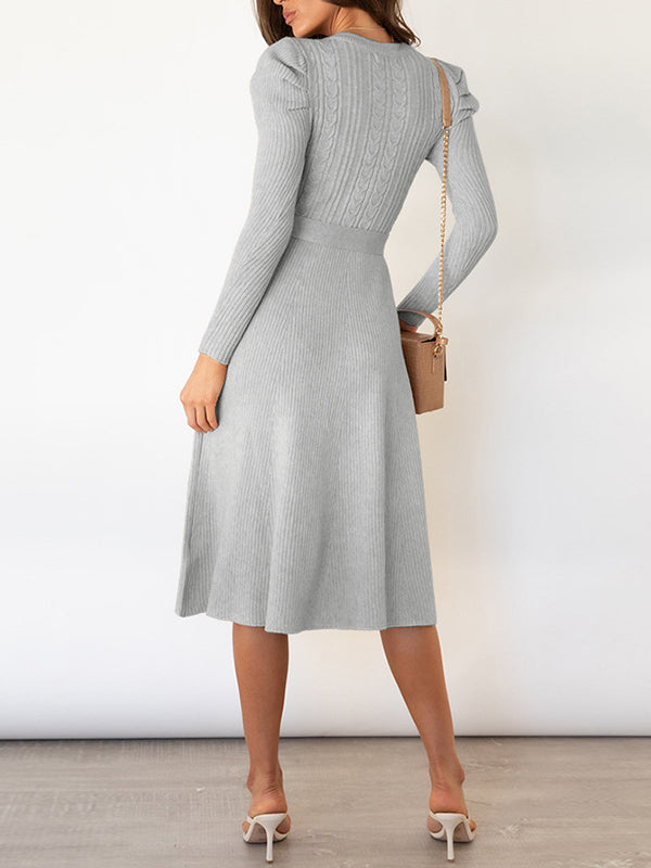 Solid Color Tied Waist High Waisted Long Sleeves Round-Neck Sweater Dresses Midi Dresses