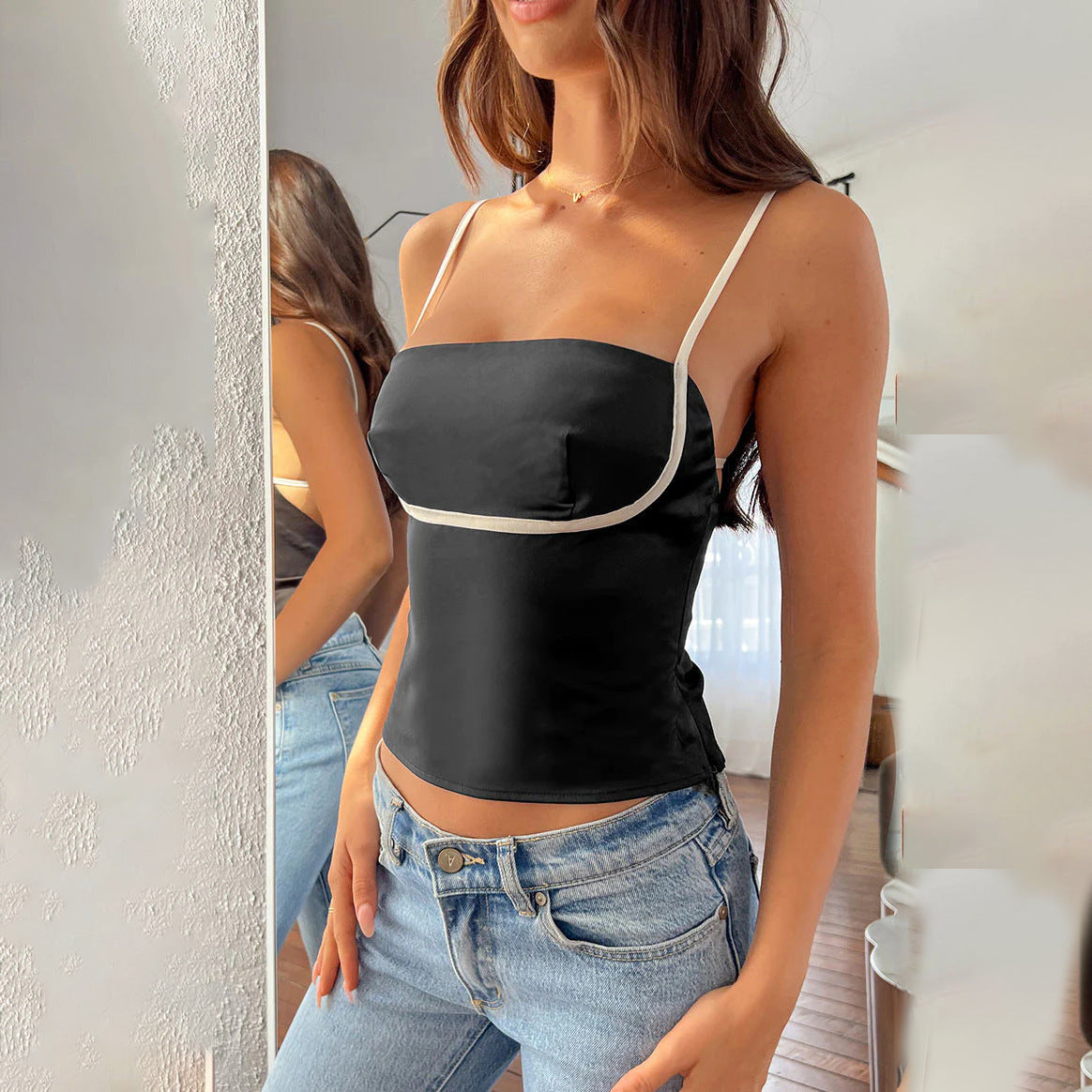 Black Square Neck Strap Top