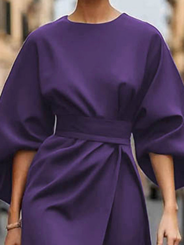 Pleated Solid Color Split-Joint Loose Puff Sleeves Round-neck Midi Dresses