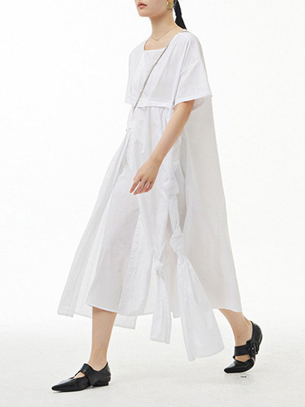 Solid Color Streamer Loose Short Sleeves Round-neck Midi Dresses