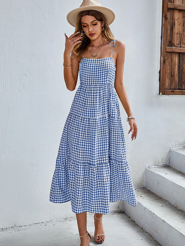 Bohemia A-Line Sleeveless Plaid  Dress