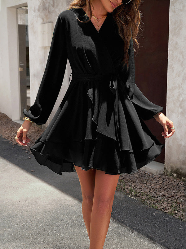 Ruffled Solid Color Tied Waist A-Line High Waisted V-Neck Mini Dresses