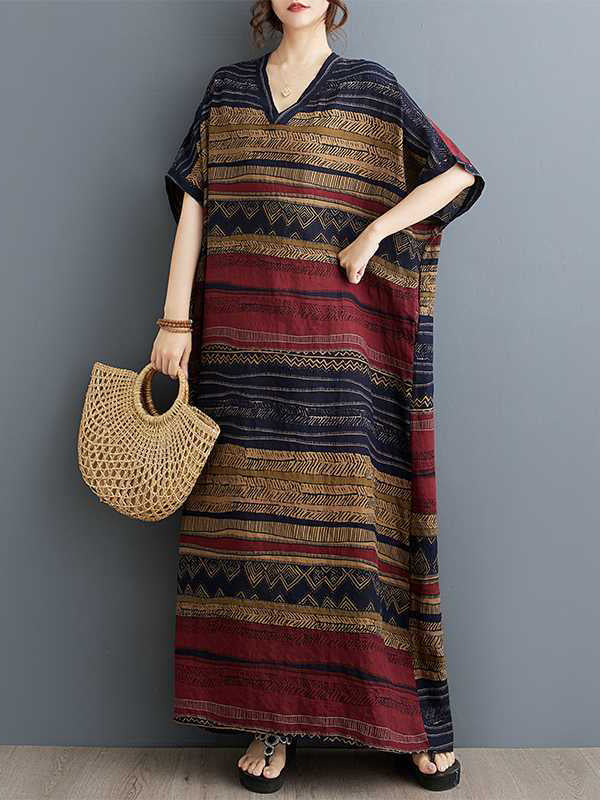 Split-Joint Striped A-Line Batwing Sleeves V-Neck Maxi Dresses
