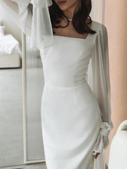 Gauze Pleated See-Through Solid Color Split-Joint Flared Sleeves Skinny Square-neck Maxi Dresses