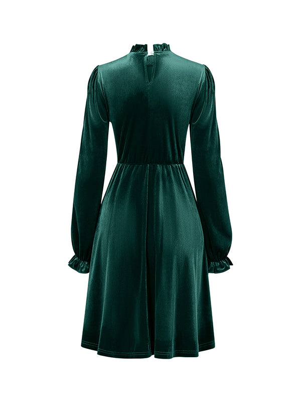 Hollow Ruffled Solid Color Velvet A-Line High Waisted Mock Neck Mini Dresses