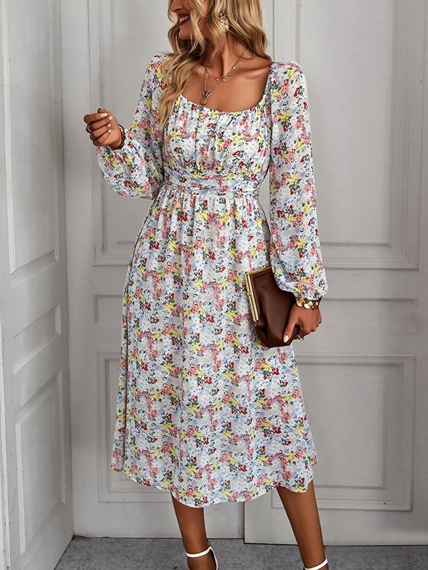 Vacation Loose Long Sleeves Floral Printed U-Neck Midi Dress