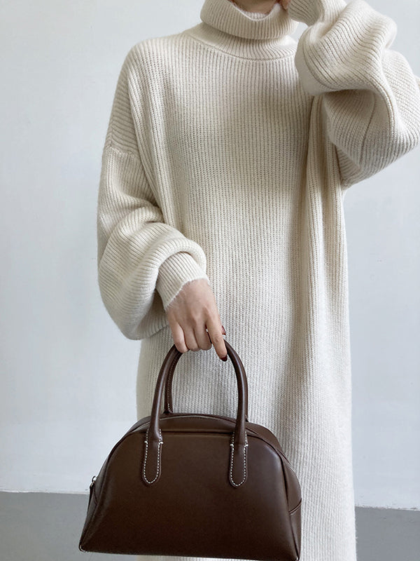 Urban Loose Puff Sleeves Solid Color High-Neck Sweater Dresses