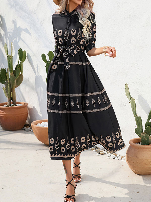 Buttoned Tied Waist A-Line Half Sleeves Lapel Midi Dresses