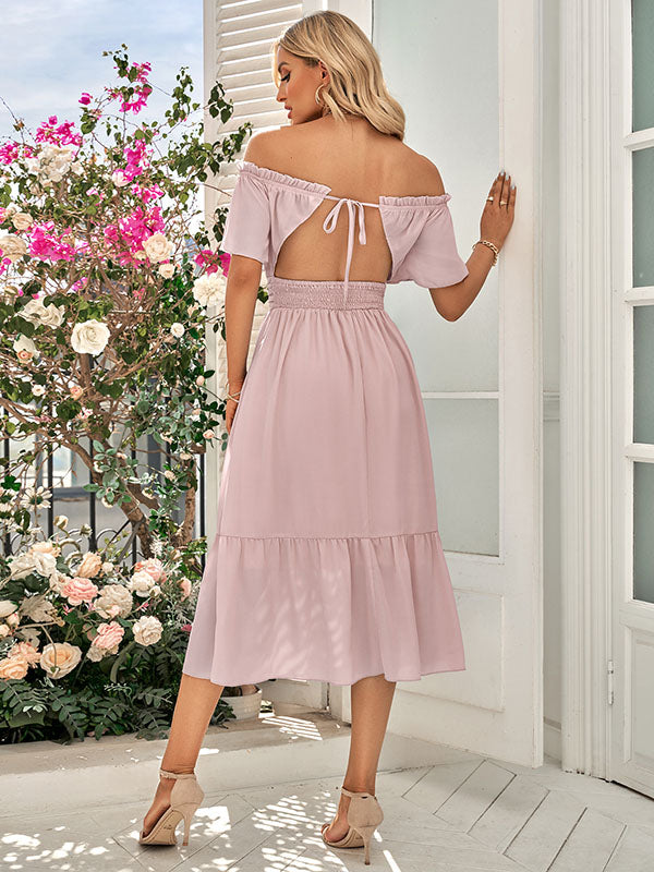 Vacation Short Sleeves A-Line Solid Color One-Shoulder Midi Dress