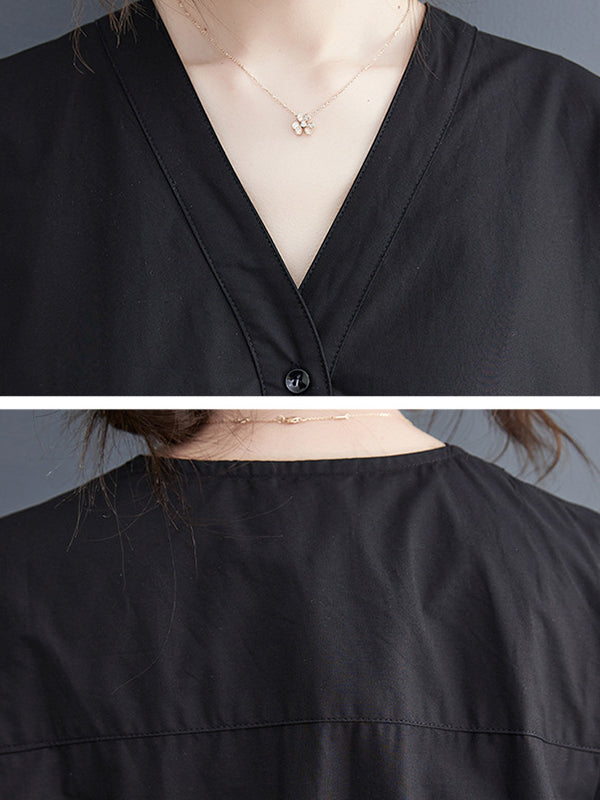 Solid Color Loose Short Sleeves V-neck Midi Dresses