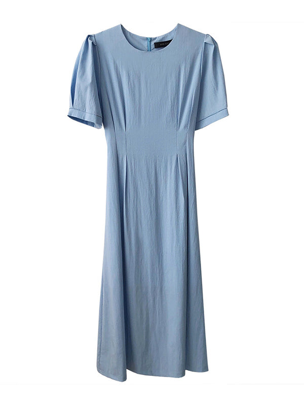 Original Creation Loose Short Sleeves Solid Color Round-Neck Midi Dresses