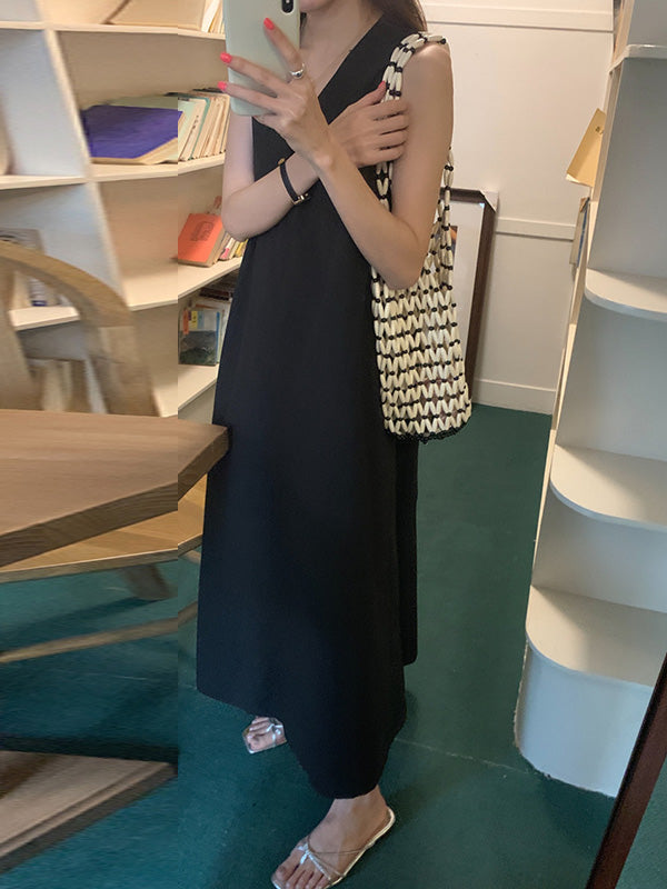 Solid Color Loose Sleeveless V-Neck Midi Dresses