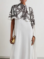 Contrast Color Printed A-Line Capelet Mock Neck Maxi Dresses