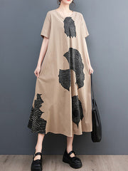Printed A-Line Loose Round-Neck Midi Dresses
