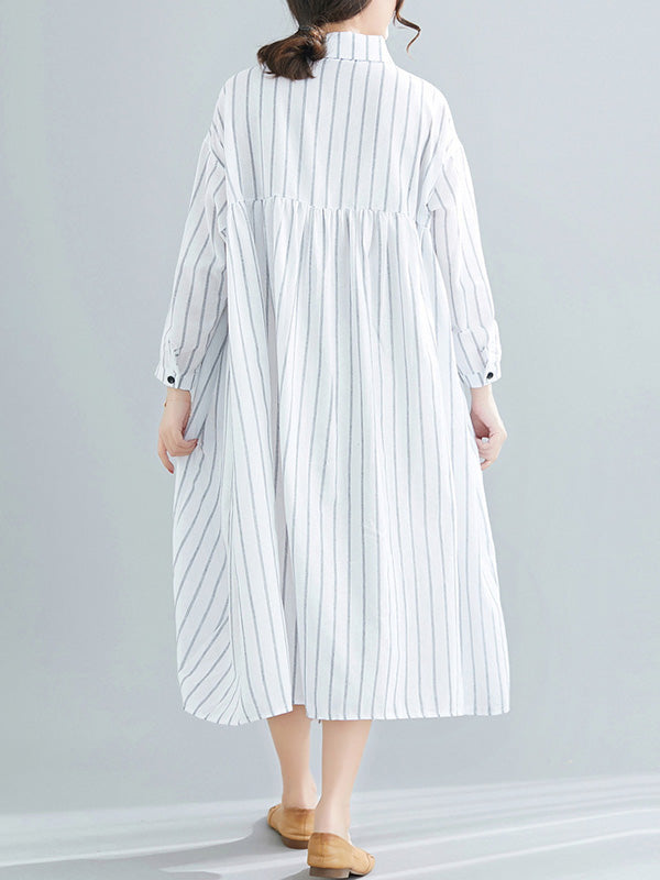 Simple Striped Buttoned Lapel Long Sleeves Shirt Dress