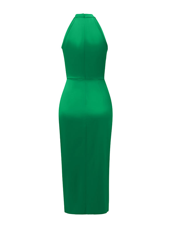 Hollow Pleated Solid Color Split-Joint Loose Sleeveless Stand Collar Midi Dresses
