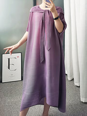 Lace-Up Pleated Batwing Sleeves Loose Hooded Midi Dresses