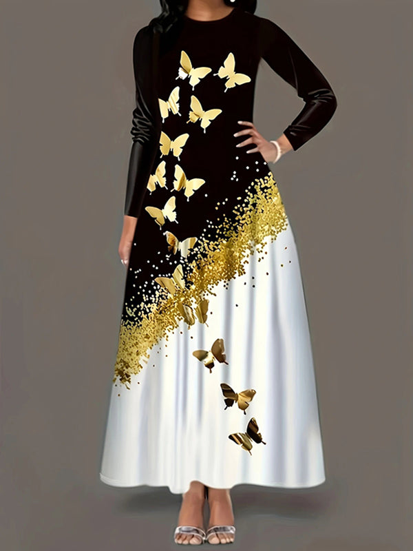 Butterfly Print Pockets A-Line Long Sleeves Round-Neck Maxi Dresses