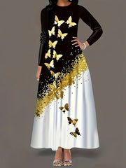 Butterfly Print Pockets A-Line Long Sleeves Round-Neck Maxi Dresses