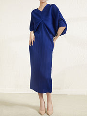 Pleated Solid Color Batwing Sleeves Three-Quarter Sleeves V-Neck Midi Dresses