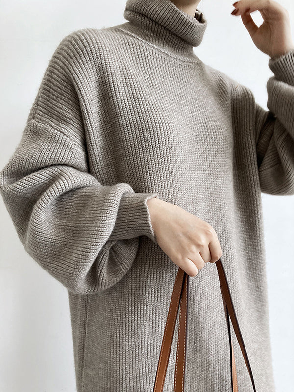 Urban Loose Puff Sleeves Solid Color High-Neck Sweater Dresses