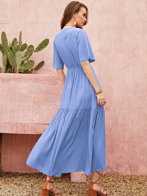 Vacation Half Sleeves Wrap Solid Color V-Neck Maxi Dress