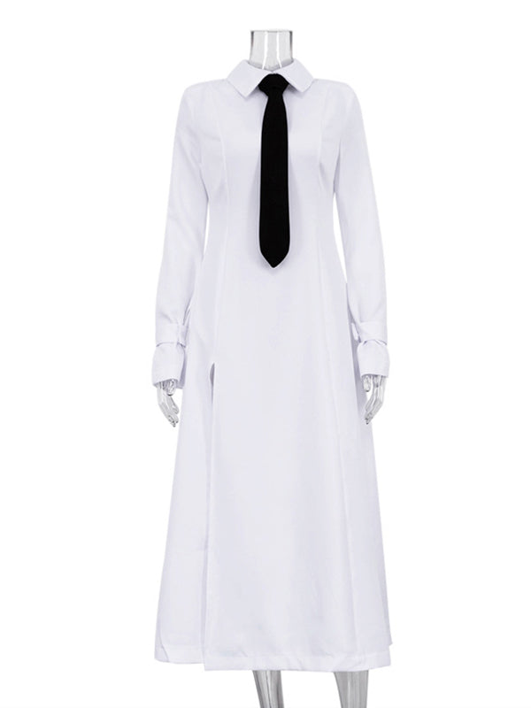 Buttoned Solid Color Split-Joint Split-side A-line Flared Sleeves Lapel Shirt Dress Maxi Dresses