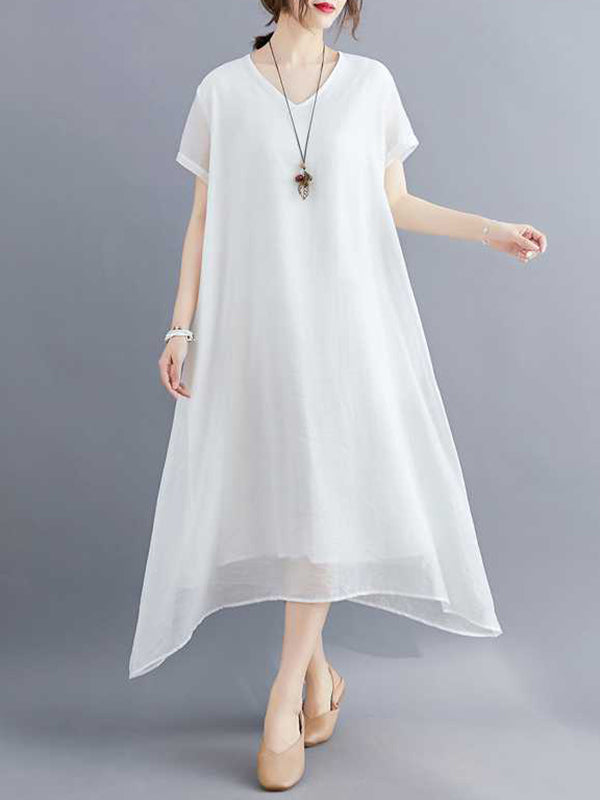 Solid Color A-Line Loose V-Neck Midi Dresses