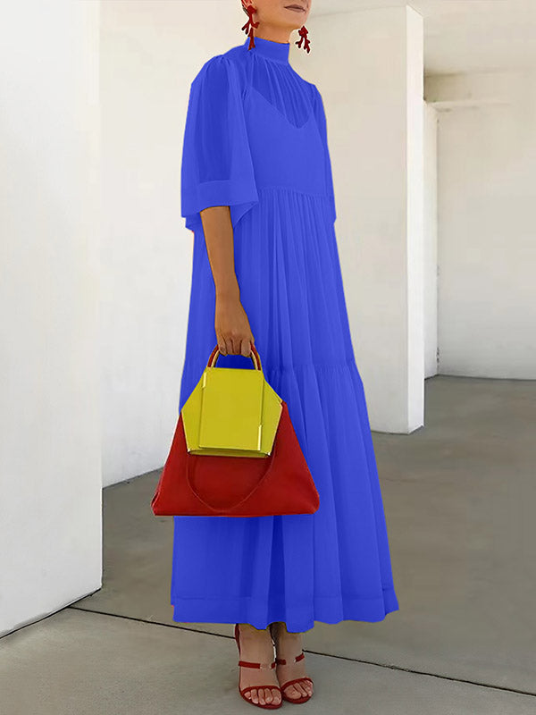 Mesh Pleated Solid Color Split-Joint Loose Plus Size Mock Neck Two Pieces Set Maxi Dresses