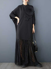 Solid Color Split-Joint Three-Dimensional Flower Long Sleeves Loose Mock Neck Maxi Dresses
