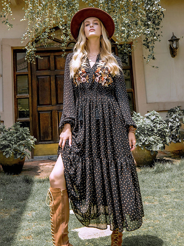Bohemia Long Sleeves Polka-Dot Embroidered V-Neck Midi Dresses