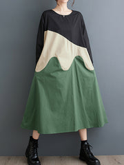 Asymmetric Contrast Color Split-Joint A-Line Long Sleeves Round-Neck Midi Dresses
