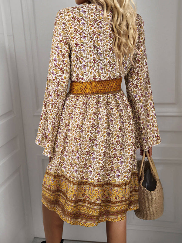 Bohemia High Waisted Long Sleeves Floral Printed V-Neck Maxi Dress