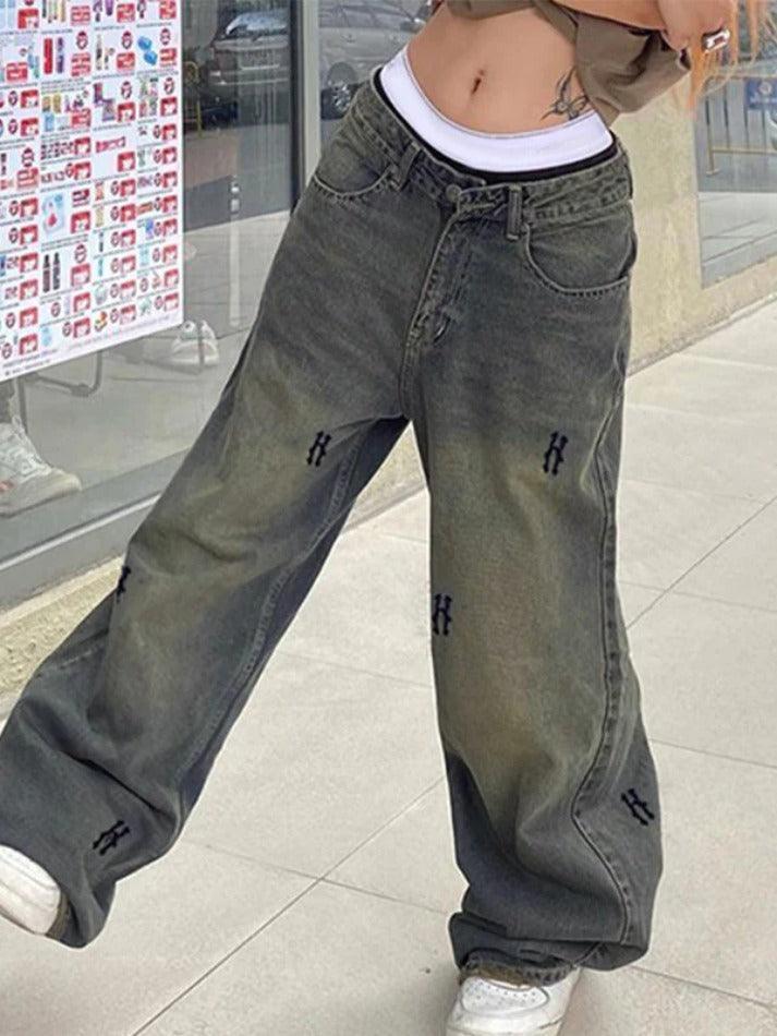 Hip Pop Low Waist Letter Print Boyfriend Jeans