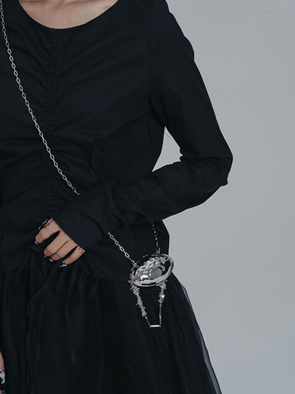 Urban Drawstring Long Sleeves Black Gauze Midi Dress