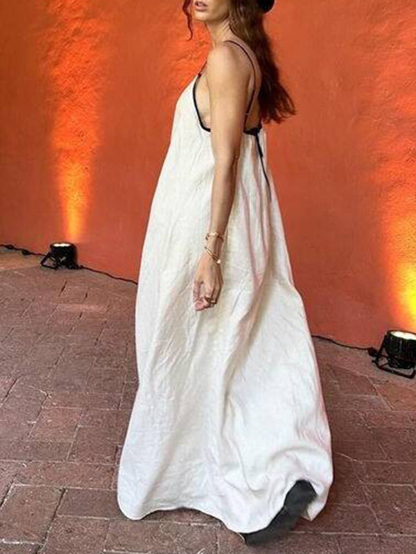 Split-Joint A-Line Loose Spaghetti-Neck Maxi Dresses